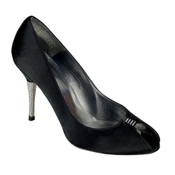 STUART WEITZMAN CW98017 BLACK SATIN CRYSTAL PEEP TOE PUMP EVENING HEELS - Picture 1 of 14